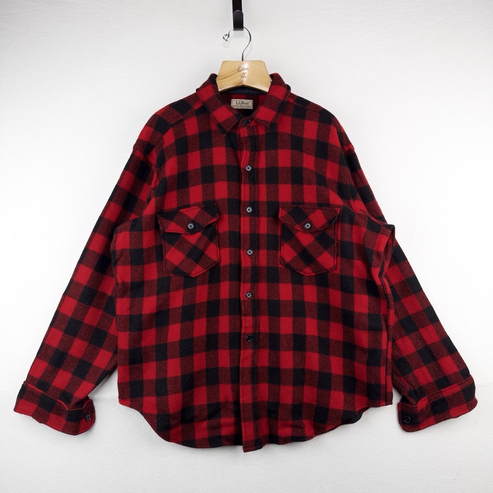 80's Vtg LL Bean Maine Guide Shirt Wool Red Buffalo Plaid Men's 2XL Made In USA